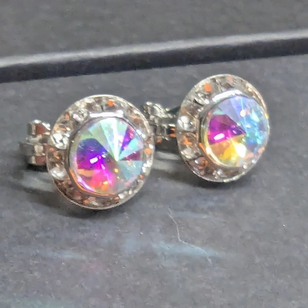 New Clip On Earrings Silver PLated Aurora Borealis AB Crystal Halo Round Wedding